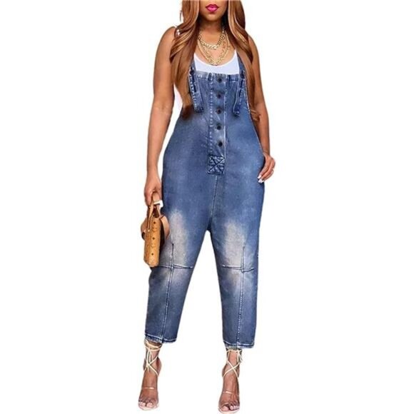 Women's Casual Loose Fit Jean Jumpsuit Dark Blue